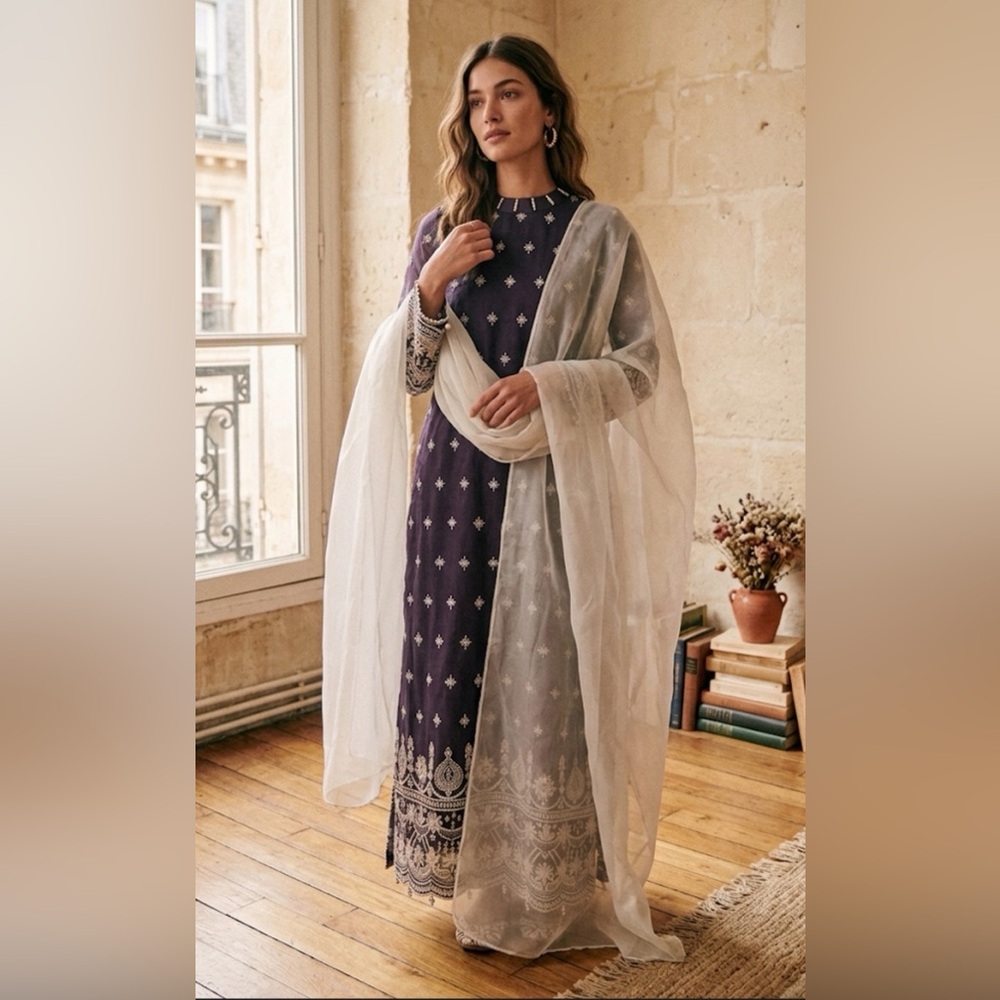 Ethnic Pakistani Elegant Royal Purple Embroidered 3-Piece Maxi Suit - Size Small